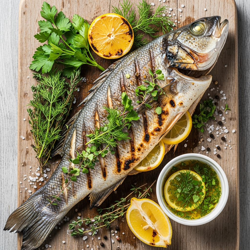Charcoal grilled sea bass